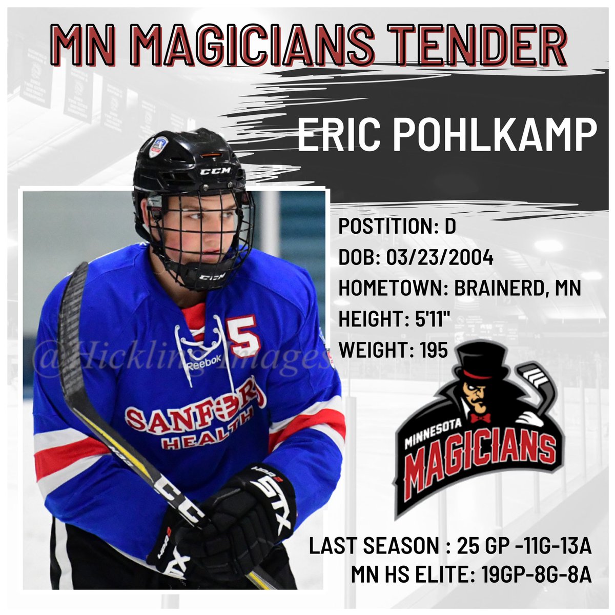 WiscWindigo's tweet photo. 🚨TENDER ANNOUNCEMENT 🚨 The Magicians have tendered defenseman, Eric Pohlkamp @ericpohlkamp23 out of Brainerd, MN!
#WelcomeToTheMagic Eric, we look forward to adding you to the team!
#tenderannouncement #NAHL https://t.co/jFllgBgRST