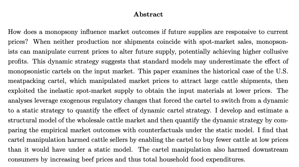 Jingyi HuangJMP: "Monopsony, Cartels, and Market Manipulation: Evidence from the U.S. Meatpacking Industry 1903-1918"Website:  https://huang-jingyi.github.io/ 