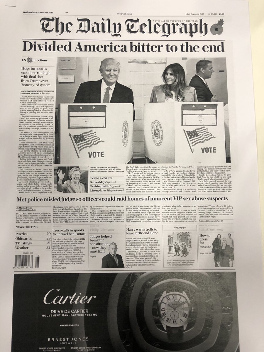 MatthewBayley's tweet photo. 1/3 Four years ago I was lucky enough to edit the Telegraph on US election night. At 10pm we started with this: https://t.co/A3vrdMOKWz
