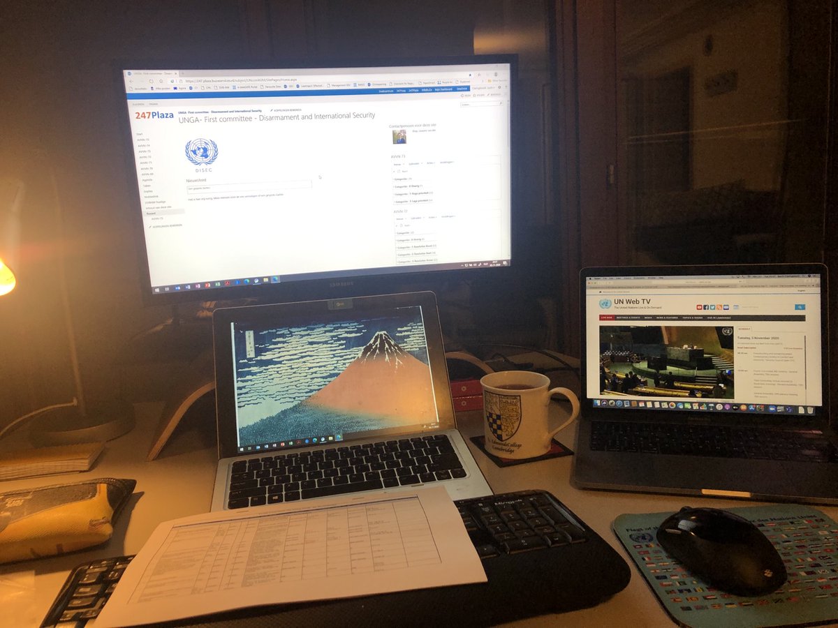 sachisays's tweet photo. Ready for the vote? The #UNGA #FirstCommittee vote I meant 😊 This year from Geneva, supporting my colleague in NewYork. Small benefit, get to enjoy this annual ritual in pyjamas 😉 Good luck to all! https://t.co/Dyfs4jvBLi