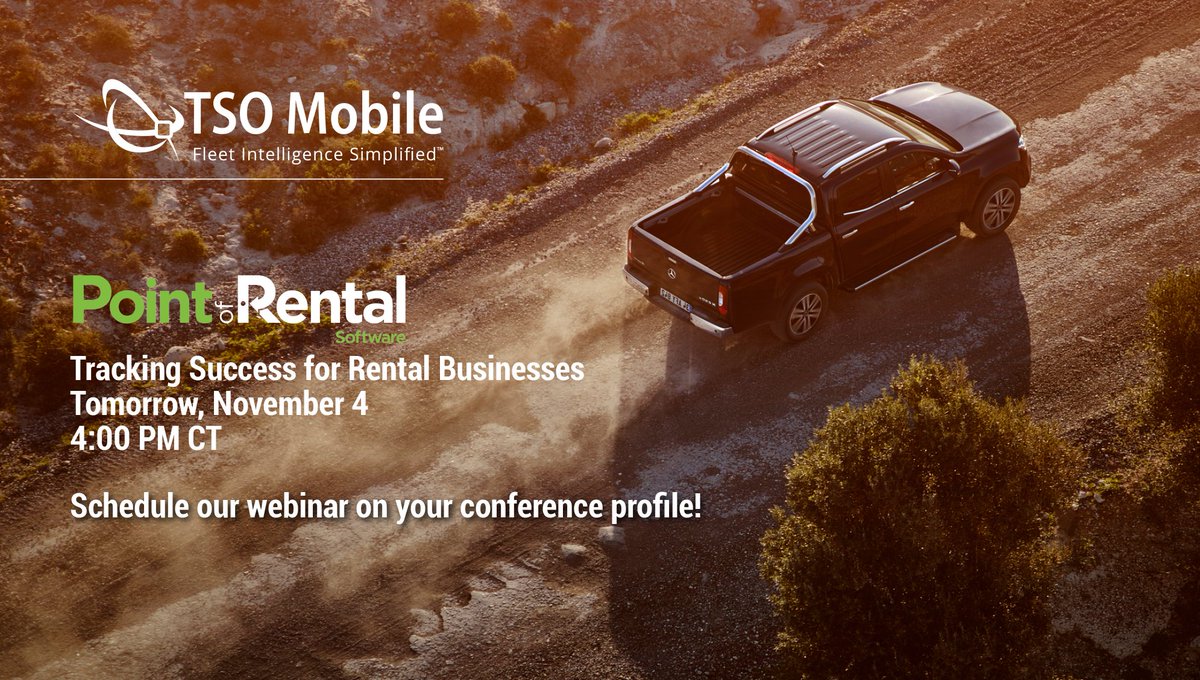 TSOmobile's tweet photo. Our purpose at TSO Mobile is to make your life easier and we’d like to show you how technology can help you to run a successful rental fleet. Join our webinar tomorrow at the #PORIC20 Learn more about us: https://t.co/Jd1L15TSQu

#FleetManagement #Telematics #GPSTracking https://t.co/MEu38su5Ay