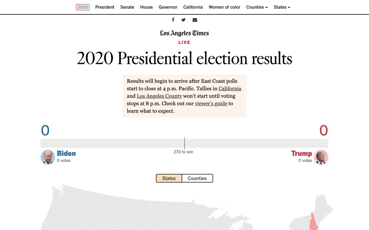 More results pages!  LA Times:  https://www.latimes.com/projects/2020-presidential-election-live-results/ USA Today:  https://www.usatoday.com/elections/results/2020-11-03/ People's Pundit Daily & Vox (they both seem to use the same widget?):  https://www.peoplespunditdaily.com/elections/live-results-2020-us-presidential-election/ &  https://www.vox.com/2020/11/3/21540609/election-2020-live-results-presidential El País :  https://elpais.com/especiales/2020/elecciones-estados-unidos/resultados/