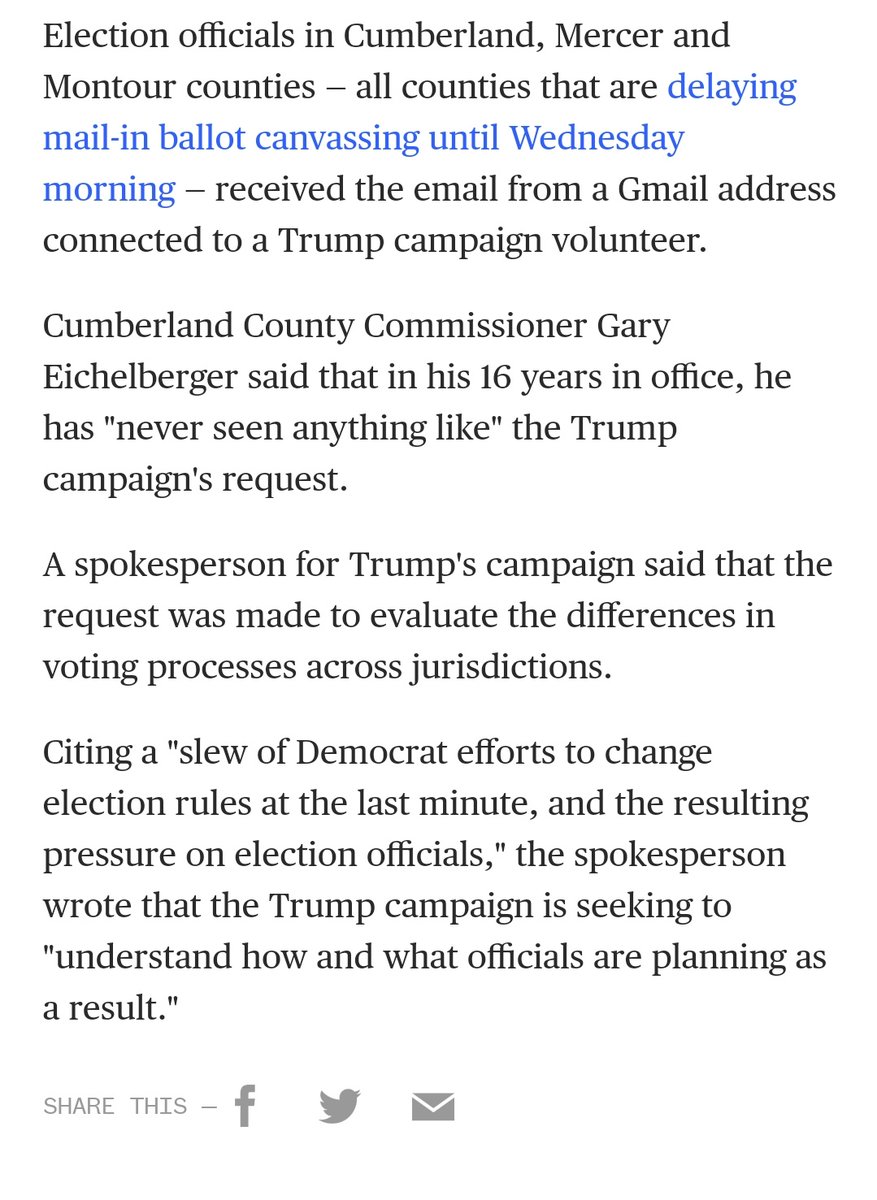 Remember the Cumberland County story of Trump campaign asking for sensitive election security info. They did the same in 2 other Pennsylvania counties. The Pennsylvania secretary of state has advised counties not to disclose this info and has reached out to the FBI