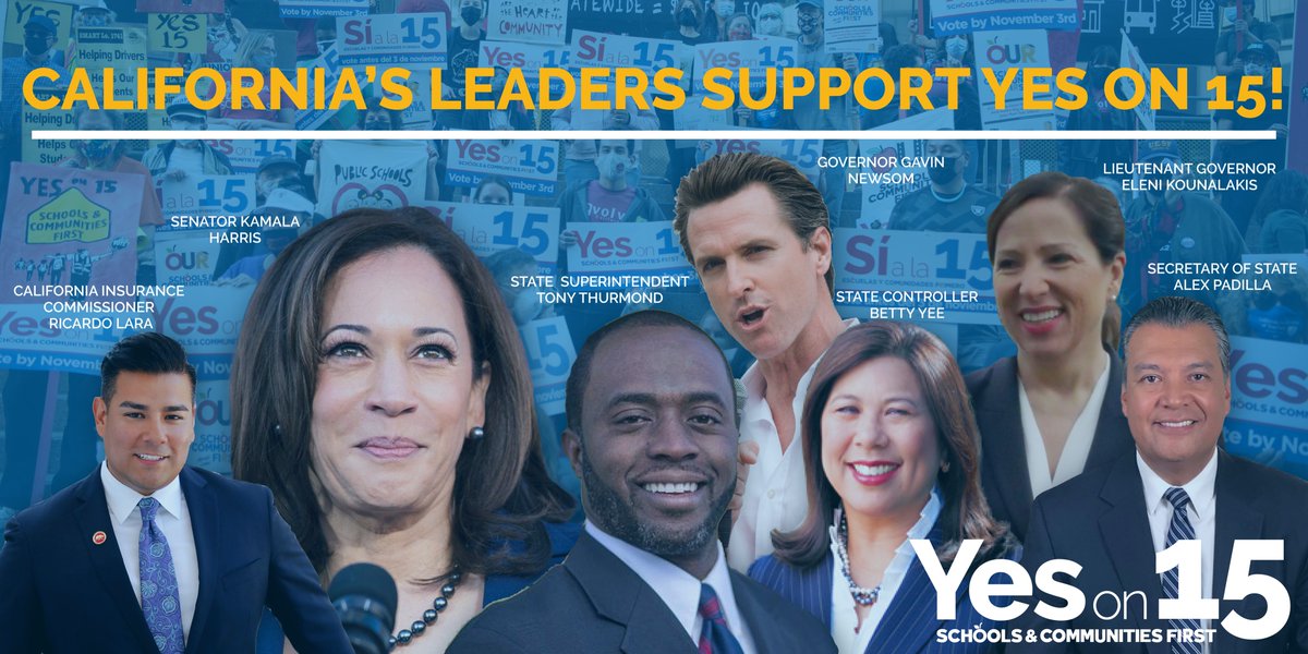 Schools1stCA's tweet photo. Who's supporting #Prop15? California's elected leaders.
Join @KamalaHarris, @GavinNewsom, @EleniForCA, @TonyThurmond, @AlexPadilla4CA, @BettyYeeforCA, @RicardoLara4CA, and so many more for working to put our #SchoolsAndCommunitiesFirst! #YesOn15 https://t.co/8uHWvbk2hr