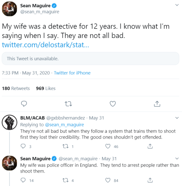 tweeted out this. as a black person, i find this so racist and just dismissing the issue completely. all cops are bad and just because his wife is a detective doesn't mean anything. she's a part of the problem too.