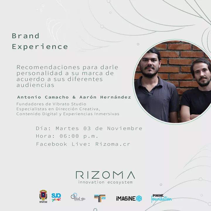 Hoy tendremos un chuzo de taller en #Rizoma. Nuestros amigos de Vibrato Studio estarán hablando sobre las recomendaciones para darle personalidad a la marca. ¡Cordialmente invitades! Hoy a las 6pm a través de facebook.com/rizoma.cr <a href="/MunideSanJose/">Municipalidad de San José</a> #branding #Vibrato