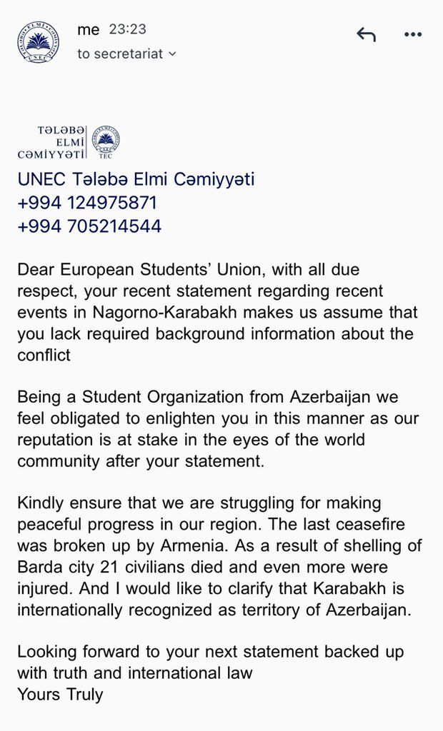 After <a href="/ESUtwt/">European Students' Union (ESU)</a> recent twitter post regarding events in #Karabakh, we as a student organization from #Azerbaijan felt obligated to reply! 

#KarabakhisAzerbaijan 
#StopArmenianOccupation 
#StopArmenianAggression