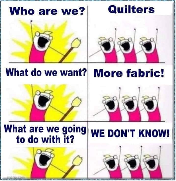 budgetsew's tweet photo. What do we want?
More #fabric!
What are we going to do with it?
We don't know!
#sewing #sewvember #sewingmachine #quilting #quilt #fabrics #sewingproblems #sewingjoke https://t.co/c3XwxI6Eag