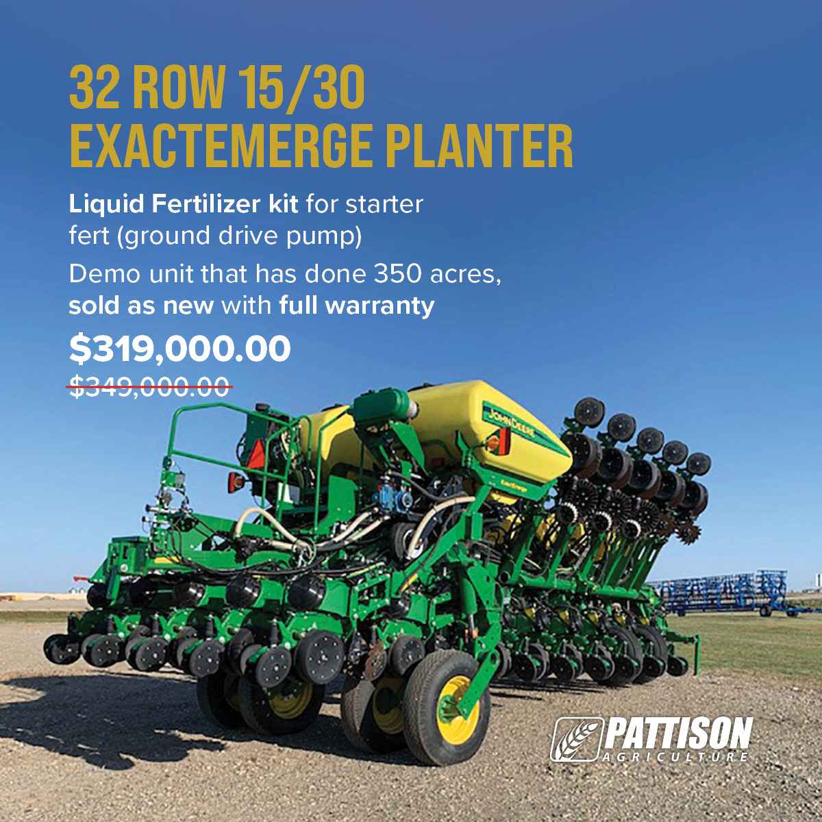 PattisonAg's tweet photo. 🚨PRICE REDUCED🚨

32 ROW 15/30 EXACTEMERGE PLANTER

-Electric Drive with Generator
-Independent Hydraulic Down Force
-Rubber Closing Wheels
-Corn &amp; Soybean Disks

For more information call your local Pattison Ag branch.

💻 https://t.co/mmVkTEVRrf   📞 306.435.3301 https://t.co/RDnELE6Hfl