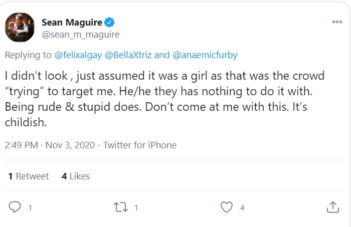 when called out on this, sean responded by further misgendering tyler, calling him "it" and once again dismissing the issue. he also told tyler to "act accordingly' in response to tyler telling him that he's a man.