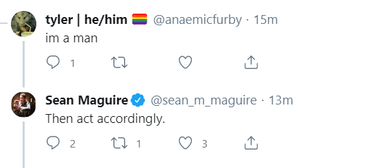 when called out on this, sean responded by further misgendering tyler, calling him "it" and once again dismissing the issue. he also told tyler to "act accordingly' in response to tyler telling him that he's a man.