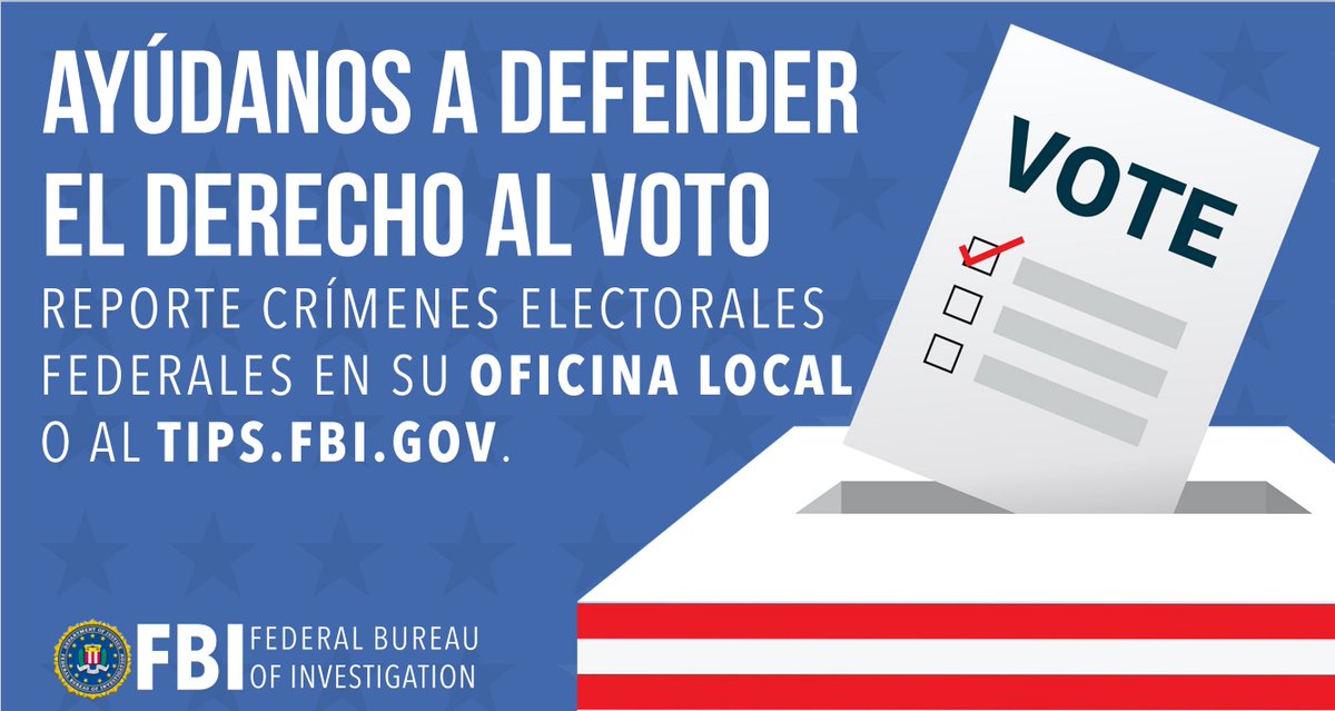 FBISanJuan's tweet photo. Engañar intencionalmente a los votantes cualificados para prevenir que voten es represión del votante, y es un delito federal. Defiende tu derecho al voto y reporta el crimen electoral al #FBISanJuan. Llama al 787-987-6500 o visita https://t.co/EFxgkNFYdi https://t.co/cIkk2CZ7xY