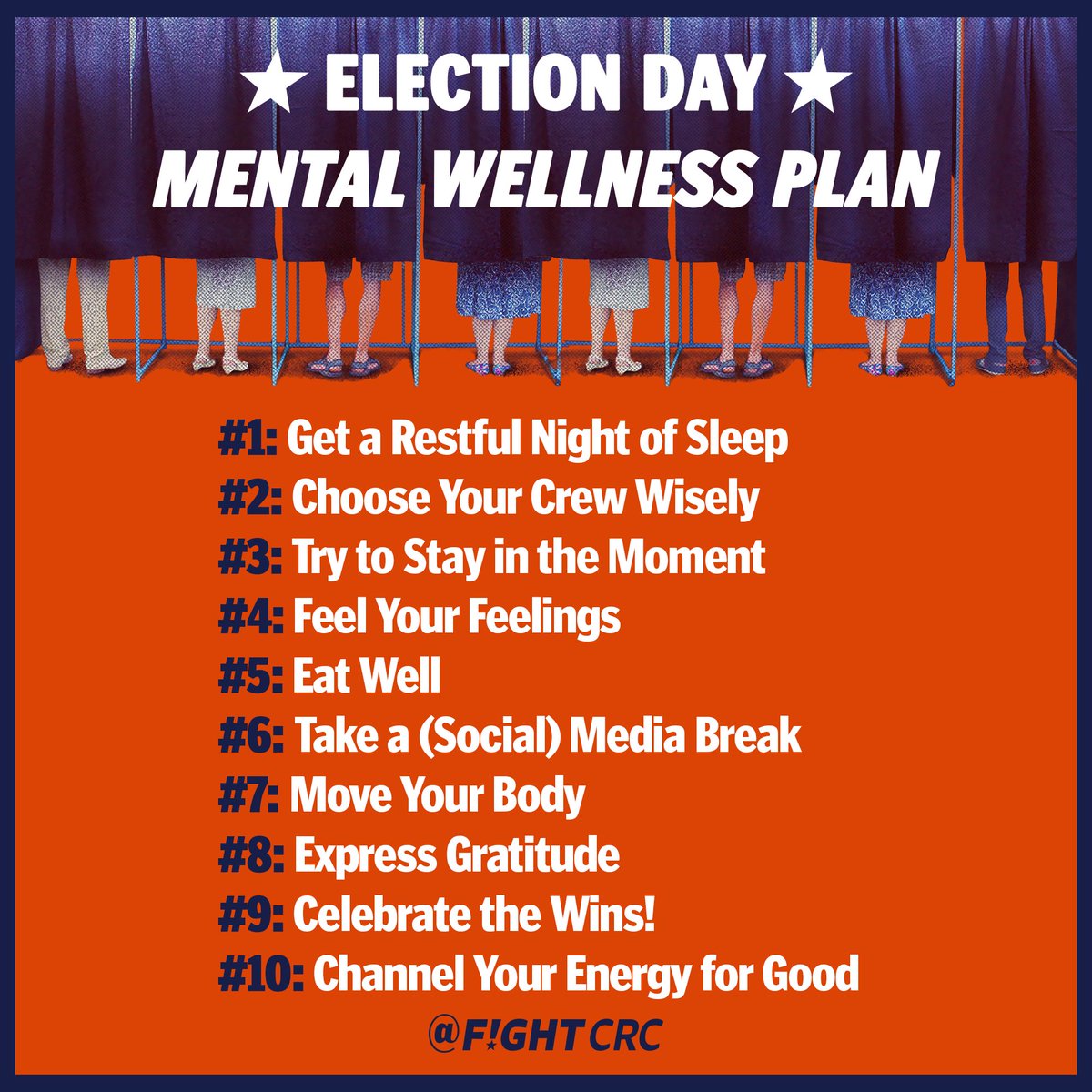FightCRC's tweet photo. Sometimes flexing your #vote can bring along stress and anxiety about the election. Remember to take care of your mental health and make a plan. Here are some suggested tips! #ElectionDay #ElectionNight #electiondayselfcare #ElectionAnxiety #FlexYourVote

https://t.co/MWZyYhIeNB https://t.co/ToJTqOe0ep
