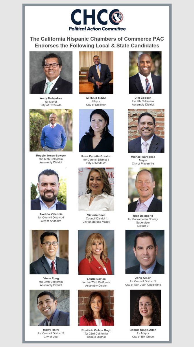 The California Hispanic Chambers of Commerce PAC (FPPC ID #1287461) Endorses the Following Local and State Candidates. #VOTE