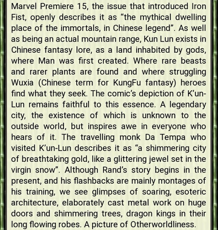 The more I learn about Chinese legend, and about the Iron Fist comics, the more appreciation I have for the amount of effort and genuine cultural appreciation put into this world. It reminds me of the director's commentary on the Doctor Strange movie. (definitely worth a listen)