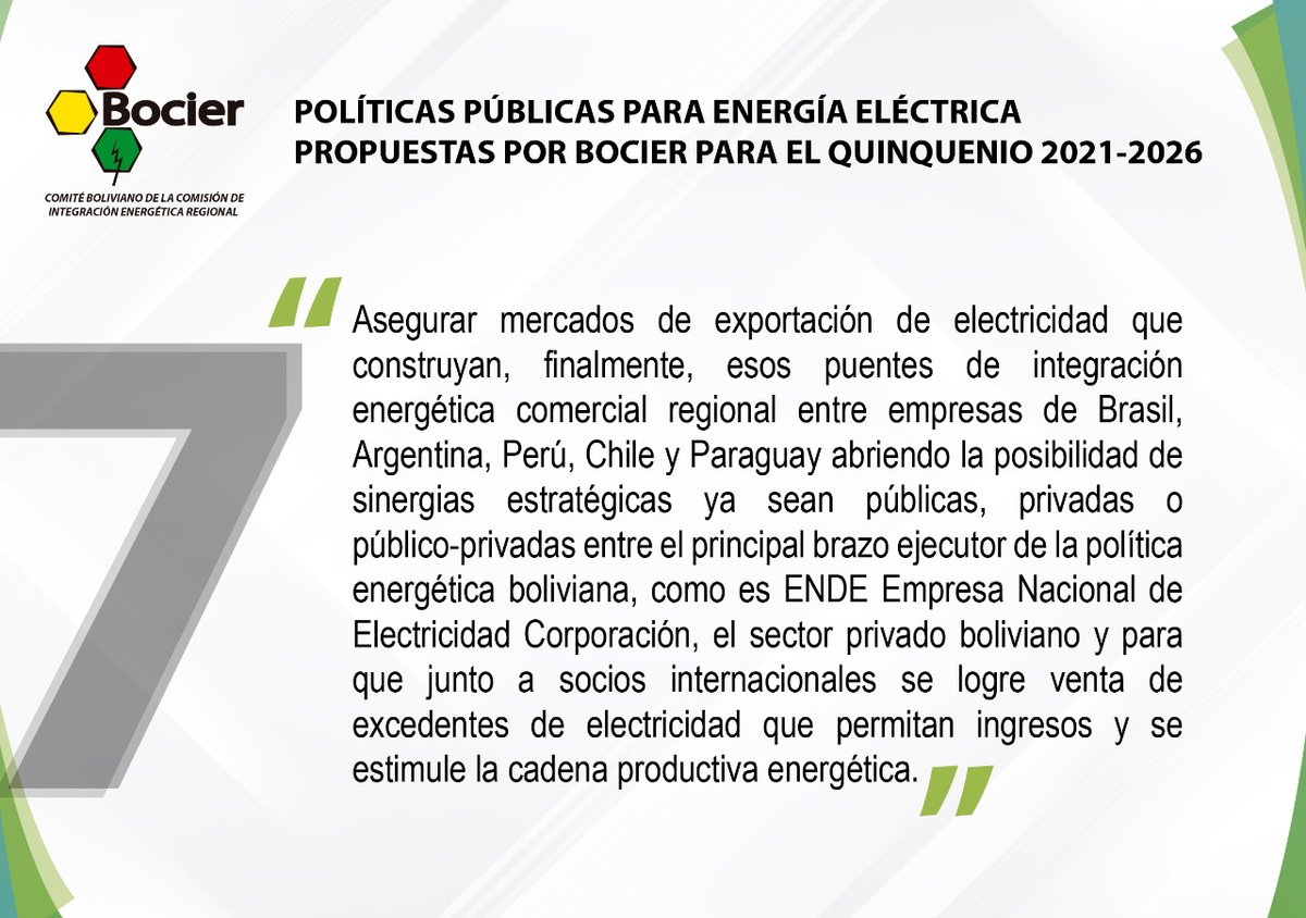 Políticas públicas para energía eléctrica propuestas por el Comité Boliviano de la Comisión de Integración Energética Regional - <a href="/Bocier3/">BOCIER</a> para el quinquenio 2021-2026.
💻Mayor información en el siguiente enlace: bocier.bo/images/BOCIER_…