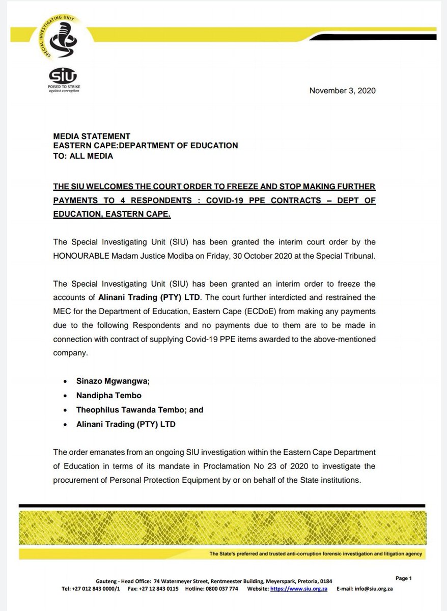 RSASIU's tweet photo. The @RSASIU granted another interim order to freeze &amp; stop making further payments: Covid-19 PPE contracts @ECDOEZA
#RSASIU
#SIUProgress
#CobrasStrikingAgainstCorruption
@ECDOEZA https://t.co/zol94zywqC
