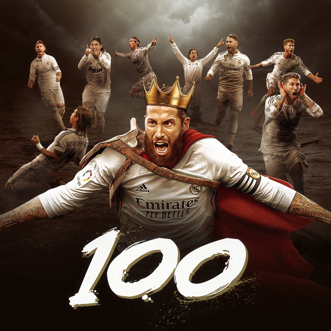 realmadrid's tweet photo. ©️⚽💯 ¡El capitán, @SergioRamos, alcanza la cifra de 1️⃣0️⃣0️⃣ goles con la camiseta del @RealMadrid!
#RealFootball | #HalaMadrid https://t.co/nNzVVluj25