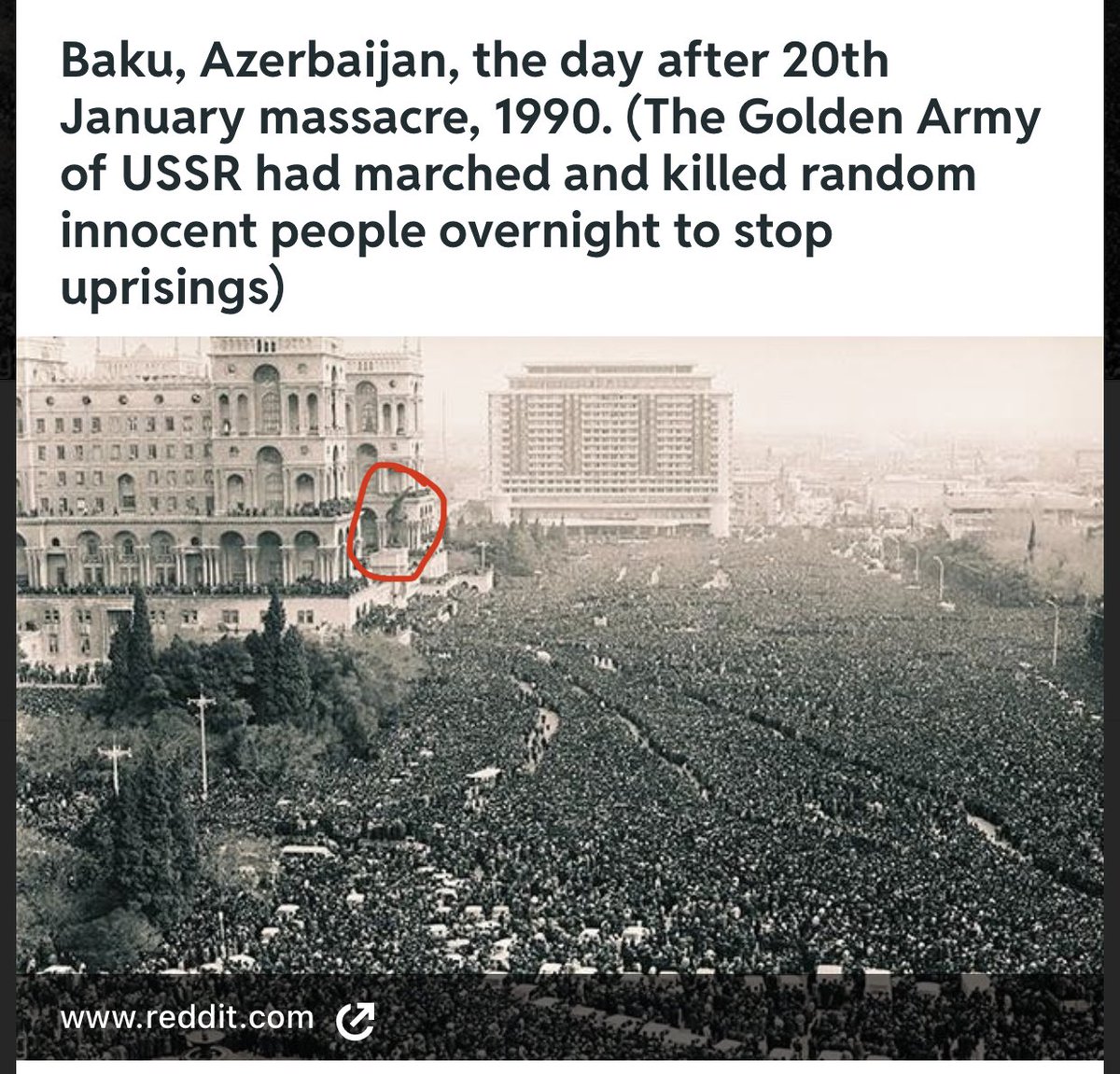 JavidMammadov11's tweet photo. @Hayem41141122 Hey everyone not related to this conflict between #Azerbaijan and #warmenia,just google “Baku black January” and read the real story behind this picture.I’m attaching a photo showing another angle of those protests.I marked that statue
#dontbelievearmenianlies #DontBeleiveArmenia https://t.co/HpiKHtnhh1