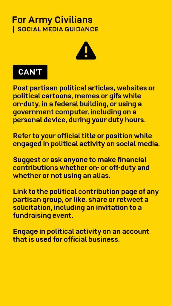 USArmyNorth's tweet image. #ThinkTypePost

Your actions affect your career and the @DeptofDefense online just as much as they do in person.

Here are some department issued guidelines for active-duty service members, active-duty National Guardsmen, and federal employees.

More at ➡️ go.usa.gov/x7k4X