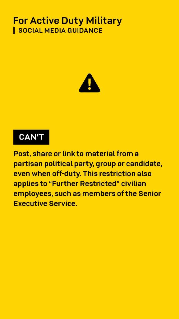 USArmyNorth's tweet image. #ThinkTypePost

Your actions affect your career and the @DeptofDefense online just as much as they do in person.

Here are some department issued guidelines for active-duty service members, active-duty National Guardsmen, and federal employees.

More at ➡️ go.usa.gov/x7k4X
