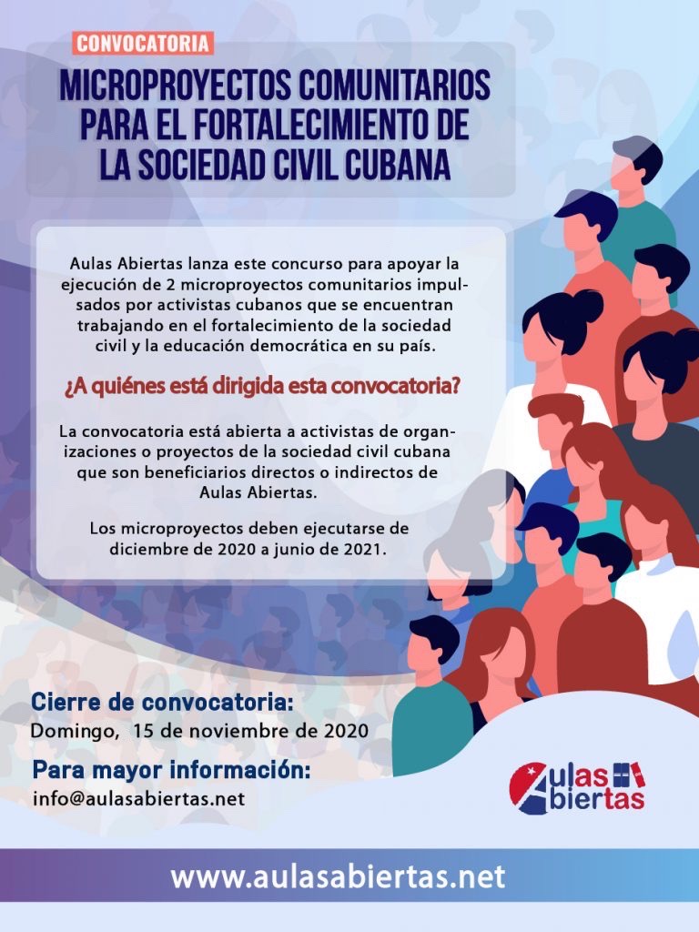 aa_cuba's tweet photo. Convocatoria “Microproyectos comunitarios para el fortalecimiento de la sociedad civil cubana”.
Envía tu propuesta al correo: info@aulasabiertas.net. 
Fecha límite: el 15 de noviembre del 2020. 
#Cuba #AulasAbiertas https://t.co/ZZsfsEWFNC