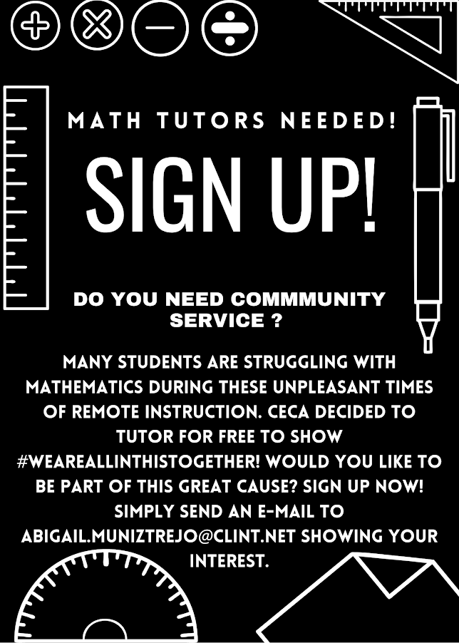 Calling all CECA students who would like to become peer tutors! Simply send an e-mail to @ATrejoCECAMath at abigail.muniztrejo@clint.net to obtain information.