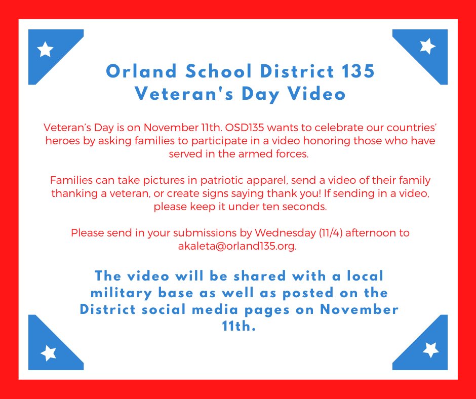 OSD135's tweet photo. Help honor our countries’ heroes for Veteran’s Day! 🇺🇸 Follow the directions in the post below &amp; submit a picture, video, or sign by tomorrow afternoon! #osd135 #135learns #VeteransDay https://t.co/YfzhlpZ655