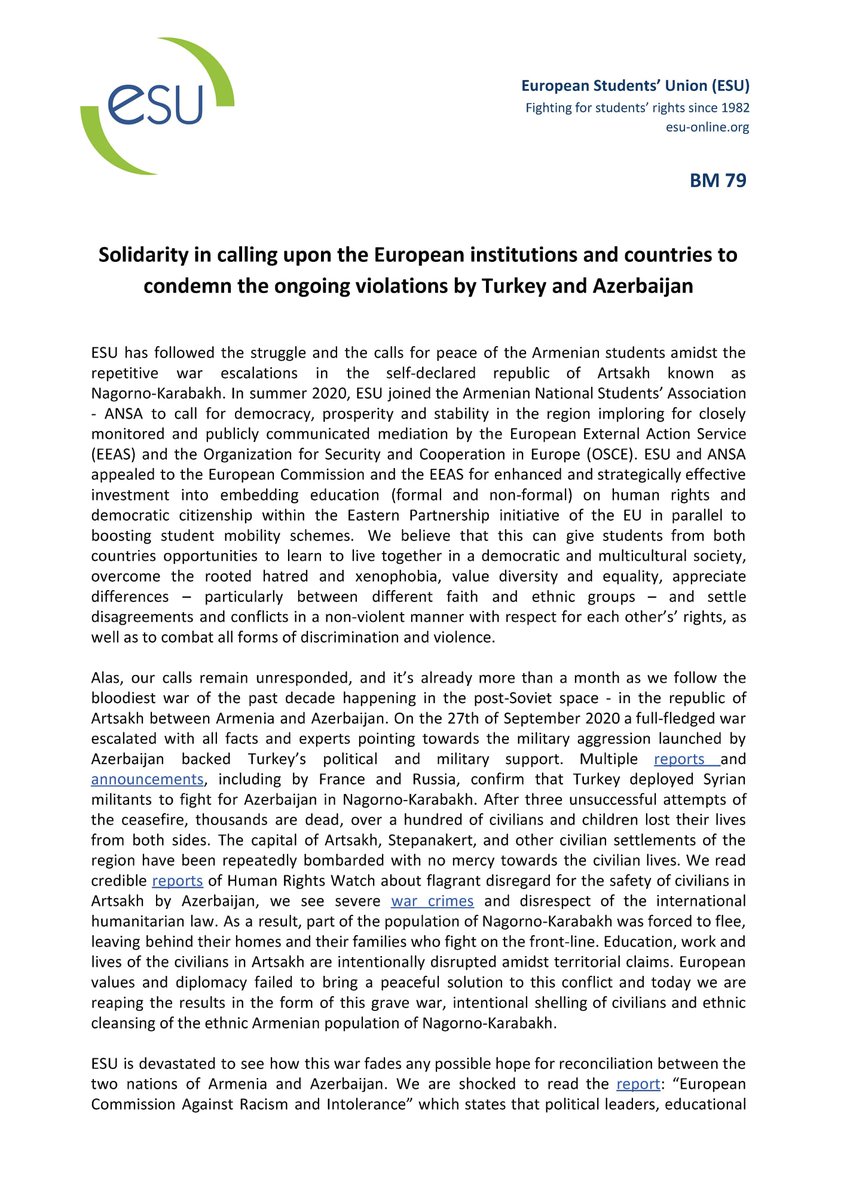 ANSAtwt's tweet photo. @ESUtwt 's all full member unions unanimously adopting resolution that condemns the ongoing violations over #Artsakh committed by #Turkey and #Azerbaijan 
#RecognizeArstakh https://t.co/KkkHbEcOUn