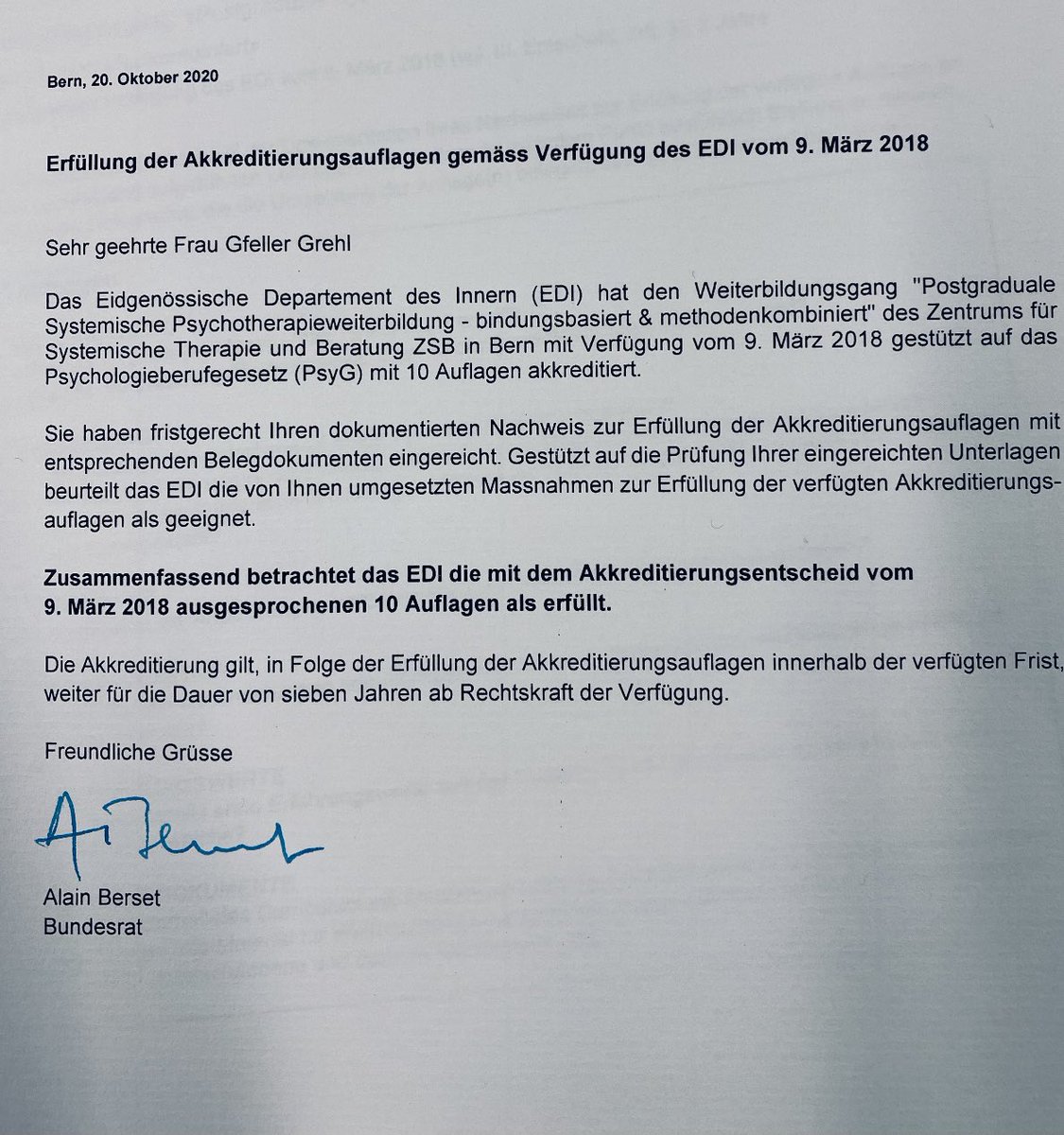 ZSBBern's tweet photo. man kriegt nicht jeden tag einen brief von bundesrat berset 🤩 #psyg #akkrediterung #systemischepsychotherapie #zsb https://t.co/UZqGDhdu5a