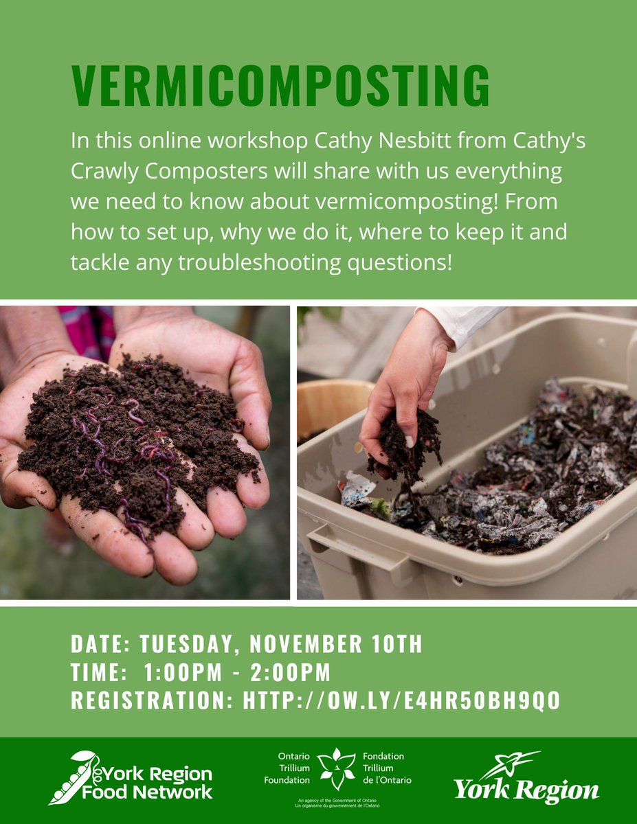 YRFoodNetwork's tweet photo. Looking for new ways to #compost throughout the winter?
Join us and guest facilitator @cathynesbitt from #CathysCrawlyComposters to learn everything you need to know about #redwiggler #worm #composting!
Register now: https://t.co/QBtoglFiNf https://t.co/vNzNTN7pHl
