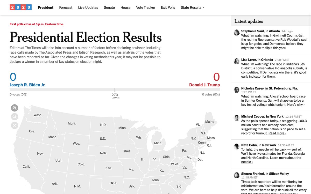 Here are two big ones.  The New York Times:  https://www.nytimes.com/interactive/2020/11/03/us/elections/results-president.html with a promising "How the vote count is progressing" section & 4 different kinds of maps The Wall Street Journal:  https://www.wsj.com/election-results-2020/ with a neat cartogram (Thanks for the hint,  @simoneb_!)