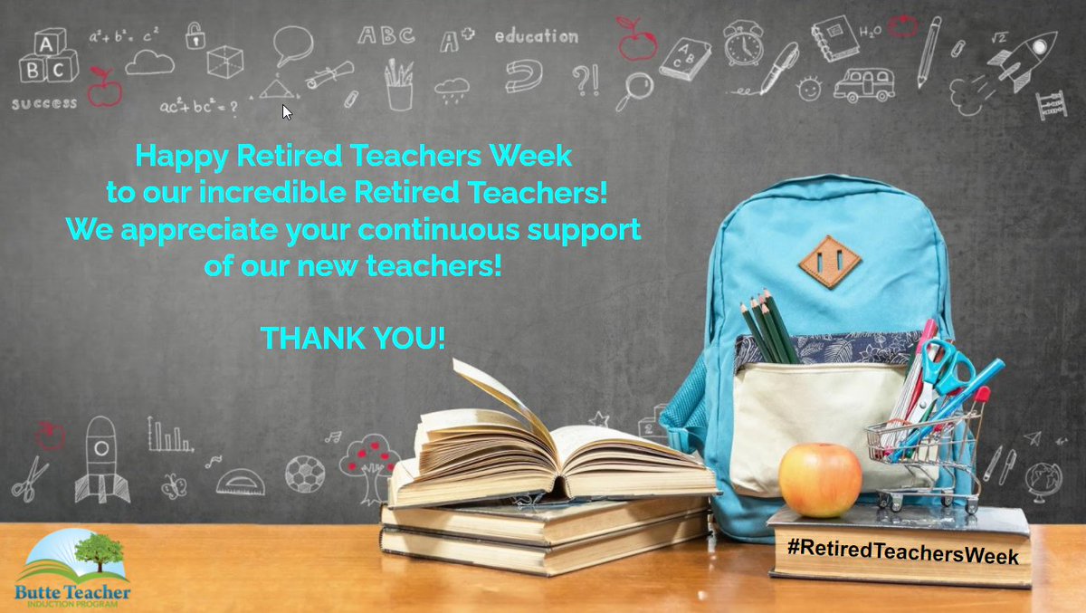 ButteInduction's tweet photo. Happy #RetiredTeachersWeek to all of our #ButteCounty Retired Teachers! We appreciate everything you do for our schools, community and our @ButteInduction Team! @BCOESUPT @calrta4teachers @CADeptEd @CalCTC @WeAreCTA #ButteCOE #TeacherInduction https://t.co/LrgyhcKw6Q