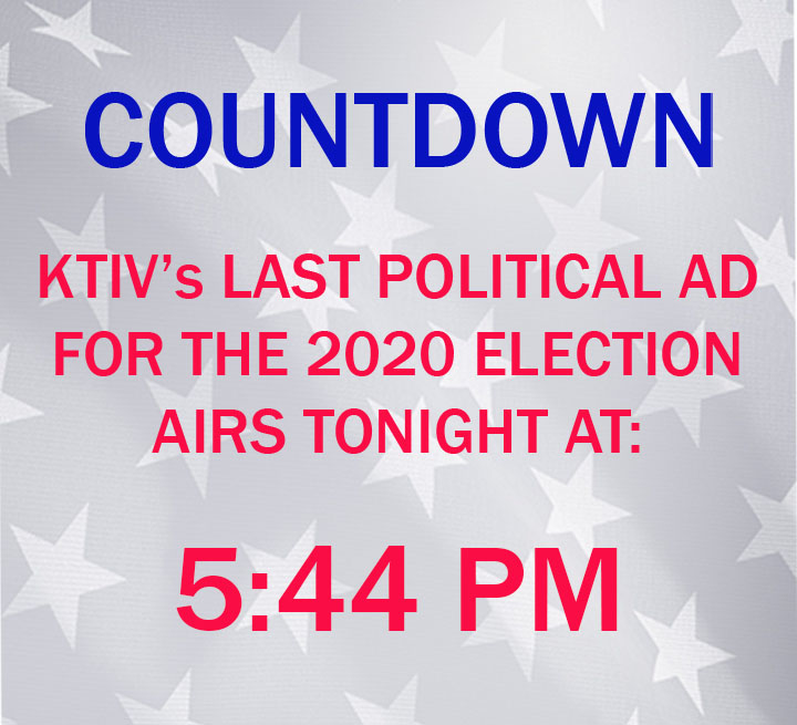 COUNTDOWN: It's almost over! KTIV's final political ad for the 2020 election airs at 5:44 p.m. after News 4 Live at Five. 

Follow our election day coverage here: ktiv.com/politics/?utm_…