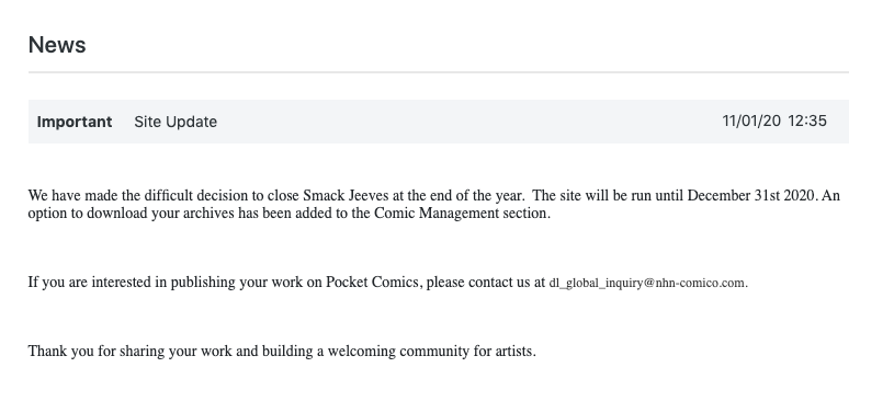 spiremint's tweet photo. smackjeeves is being shut down at the end of the year. if you have anything that exists only on your sj i suggest downloading your archive now in case they prematurely pull the plug: https://t.co/pGHj1gzzhD
#webcomics https://t.co/xIQoVe2k5k