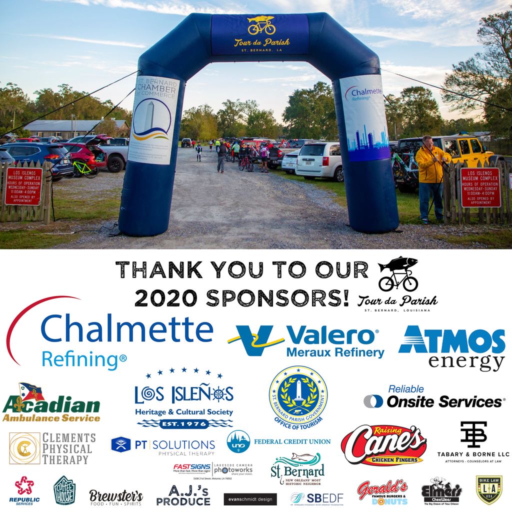 StBChamber's tweet photo. SPONSOR LOVE! We couldn't ride without the generosity of our sponsors so PLEASE give every name on this banner some #ParishLove when you see them and visit their businesses to say thank you! ⠀
⠀
#TourdaParish #tdp #tdp2020 #2020sponsors #thankyou #rideordie #sponsorlove https://t.co/xk0yZo8Kh4