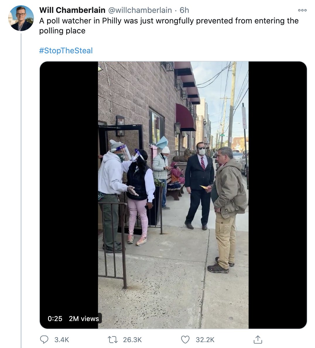 One video, showing a poll worker being wrongfully barred from entering a polling center in Philadelphia, was posted on twitter at 6:19 AM, currently has over 300 million impressions on Twitter alone. 2/6