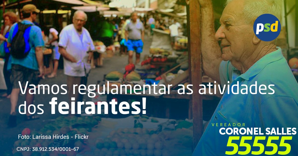 Olá amigos e amigas!

Vamos buscar a regulamentação das atividades dos feirantes e das feiras livres do município e propor a isenção do rodízio para os feirantes.

Vote em quem vai fazer mais por São Paulo! Vote Coronel Salles 55555!

#coronelsalles55555 #coronelsalles #sp