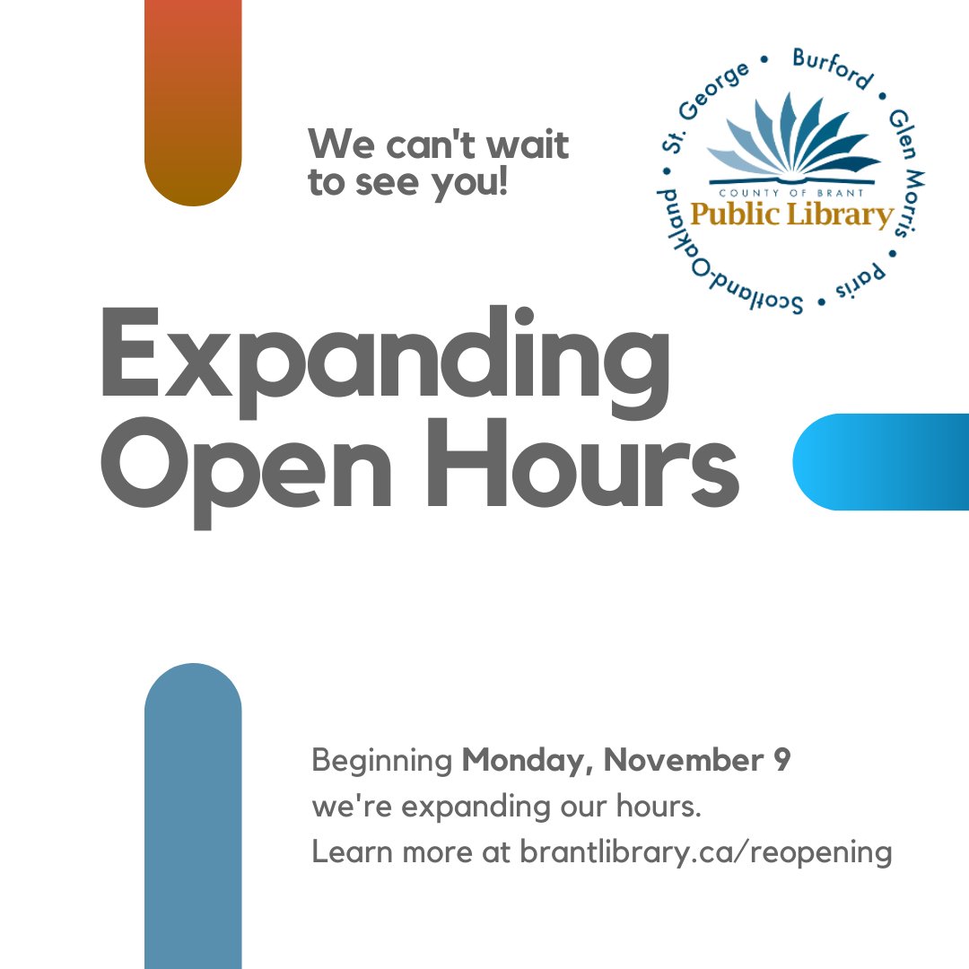 brantlibrary's tweet photo. MORE OPEN HOURS: beginning Monday, November 9 we're expanding our open hours. Safety protocols will still be in place. We can't wait to see you! Learn more at https://t.co/peBwBksoCx
#BrantLibrary #OpenHours #MoreHours #ServiceAlert https://t.co/t9iWw87uiQ