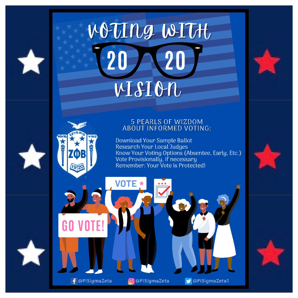PiSigmaZeta's tweet photo. Itโs #ElectionDay2020! We hope our #VotingWith2020Vision campaign & Pearls of WiZdom have helped you become a more informed voter! Polling locations are currently open so vote, if you can & havenโt already! #ZetaPhiBeta #PiSigmaZeta #ZetasVote #D9Votes #InformedVoting https://t.co/lv3C9enDtx