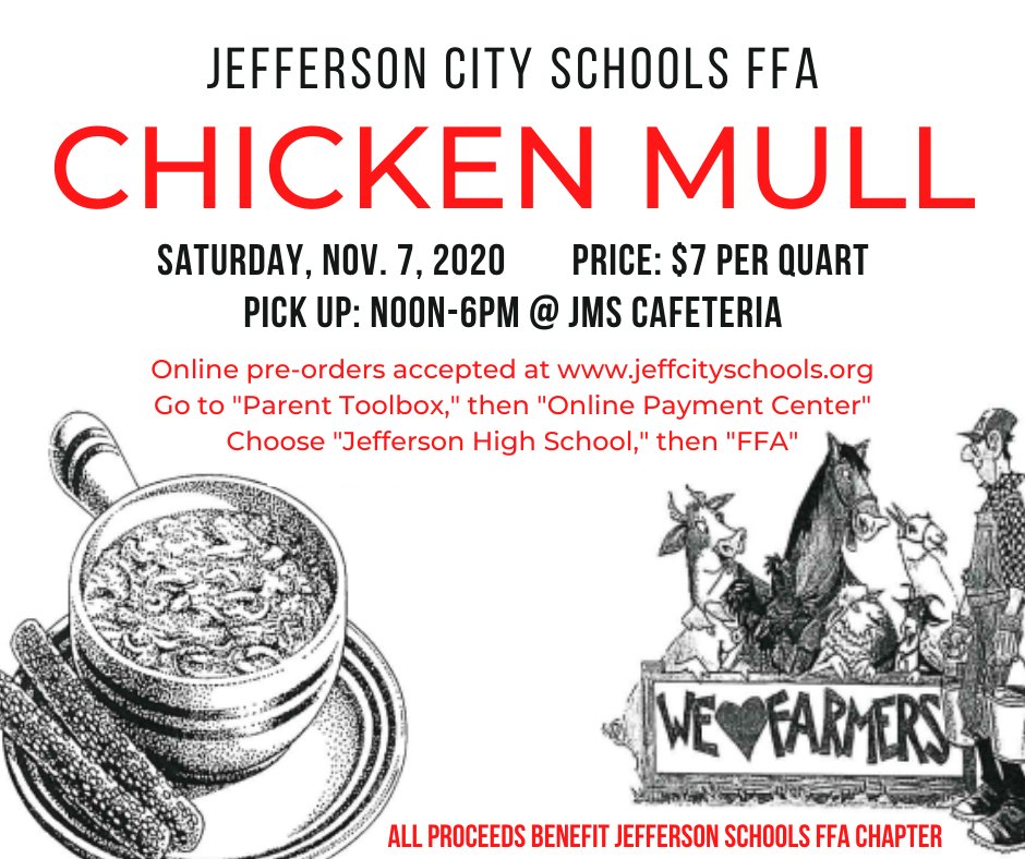 JeffCitySchools's tweet photo. Jefferson City Schools FFA is holding their annual chicken mull fundraiser. All proceeds benefit the Jefferson City FFA Chapter. Order today to support FFA! https://t.co/9l63wZJE0q https://t.co/lxFUFZIfwz