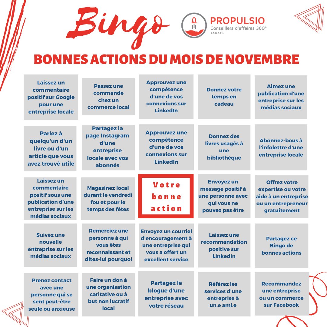 Propulsio360's tweet photo. Propulsio 360 vous propose de participer au défi des bonnes actions! Nous mettons de l'avant 25 bonnes actions à poser d'ici la fin du mois de novembre qui aideront les PME locales, les entrepreneurs et les personnes de votre entourage. Partagez vos bonnes actions avec nous! https://t.co/BoNVKaRh41
