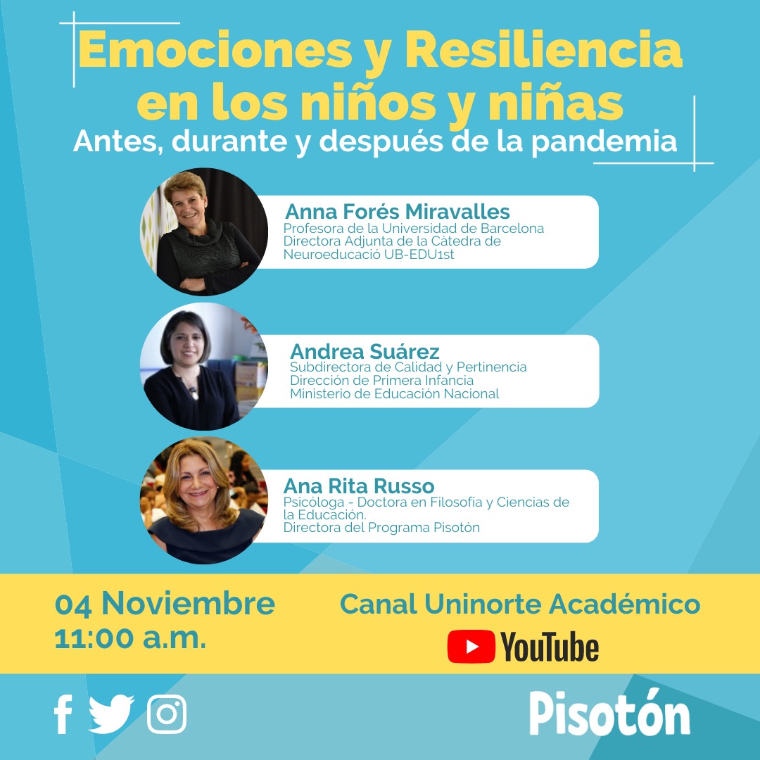 ¿Cómo facilitar en los niños y niñas la expresión de emociones y promover la resiliencia? 

Este miércoles 4 de noviembre, a las 11:00 a.m., estaremos conversando sobre este tema con Anna Forés, Andrea Suárez y Ana Rita Russo.

👉youtube.com/watch?v=h3q-vp…