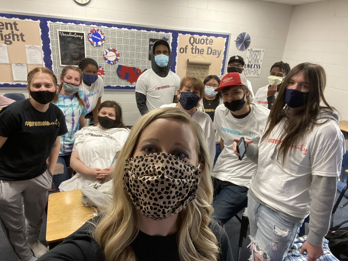 ashmherrington's tweet photo. Since I teach government we took the day to learn about the current elections. My class has chosen to #promoteunity and come together during this time 🇺🇸 we are wearing our #promoteunity shirts as well @JoeBiden @realDonaldTrump @BrianKempGA @ReverendWarnock @JodyHice https://t.co/OCmfNoKdBb