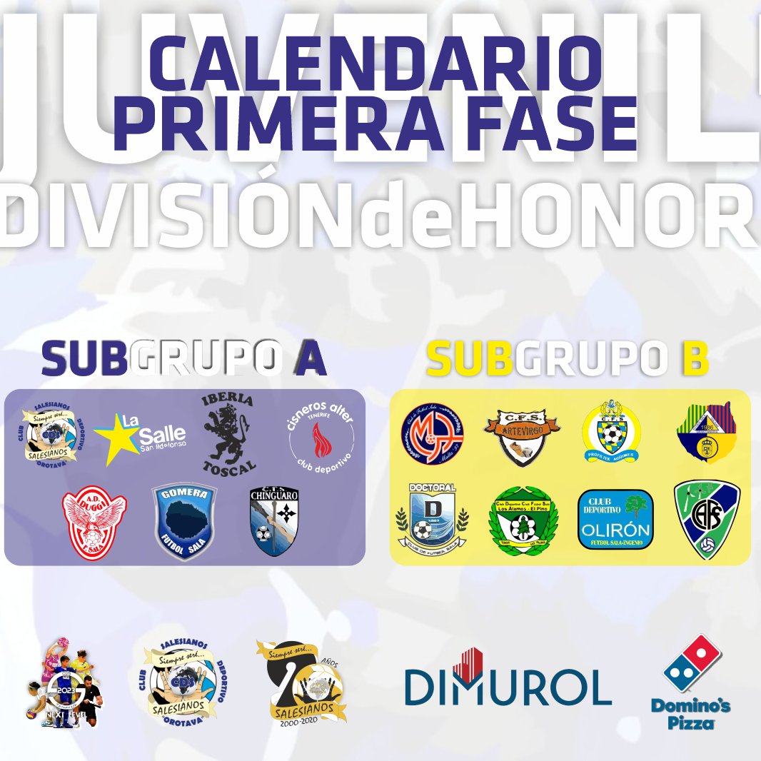 CDSalesianosCDS's tweet photo. 🗓 CALENDARIO OFICIAL #JuvenilDH @dominospizza_es
•
📊 Nuestro equipo juvenil que empezó con muy buen pie frente al #GomeraFS jugará SUBgrupoA del #Grupo8FS https://t.co/qCVlBzka83