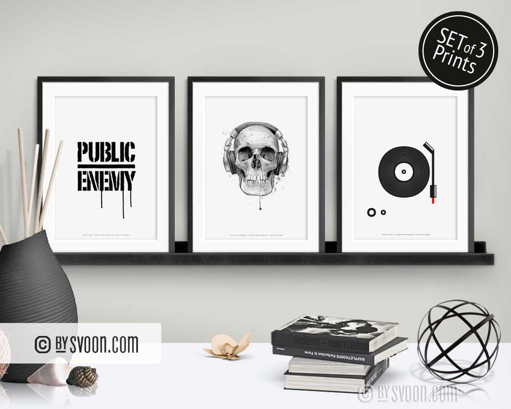 Set of 3 #Trend #Prints Public #Enemy (l) #Skull With #Headphones (m) Spin That #Vinyl (r) #Graphic #Style #Trendy #GiftSet #RecordPlayer etsy.me/34TLRgw #minimalist #setof3prints #3piecewallart #PublicEnemy #StudentGift #Dorm #WallDecor #bySvoon #FinePrints