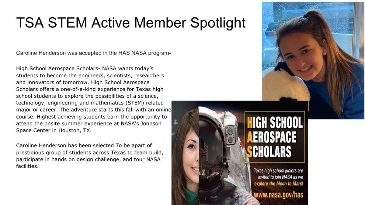 Sunnyvale_HS's tweet photo. Junior Caroline Henderson was accepted into the HAS NASA program. Congratulations, @caydenhender17 https://t.co/AnDeQw9cPC