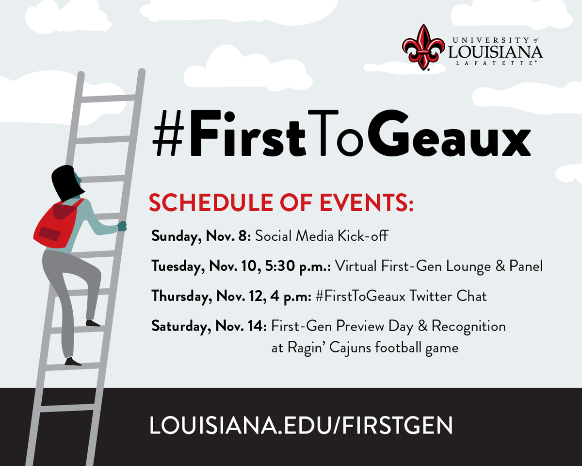 DupreLibrary's tweet image. UL applauds and honors its first-generation students. Join in on the week-long celebration of being #FirstToGeaux. Visit louisiana.edu/firstgen for more info.
