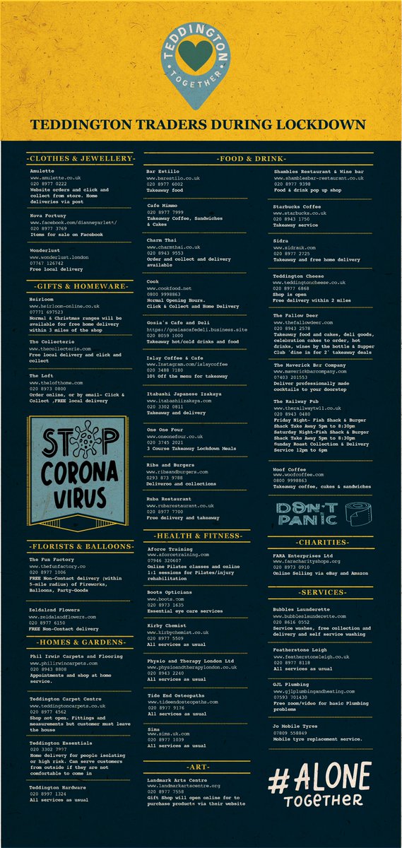 Have no fear - Teddington Traders During Lockdown is here. Don't miss out on all the things you love during  lockdown. Below are a list of all traders still trading during this uncertain time. We've got this! #AloneTogether 
<a href="/TWmagazines/">TW Magazines</a> <a href="/RichmondComLink/">Community Engagement Team (Richmond Council)</a> <a href="/RS__Baker/">Richard Baker</a> <a href="/TLTeddington/">TL Teddington 💙</a>